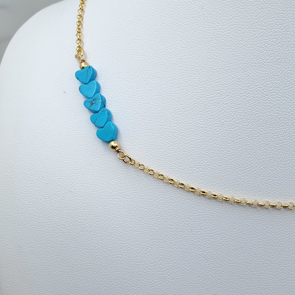5 Turquoise Hearts Choker 14k Gold Plated on 925 - Picture 4 of 8